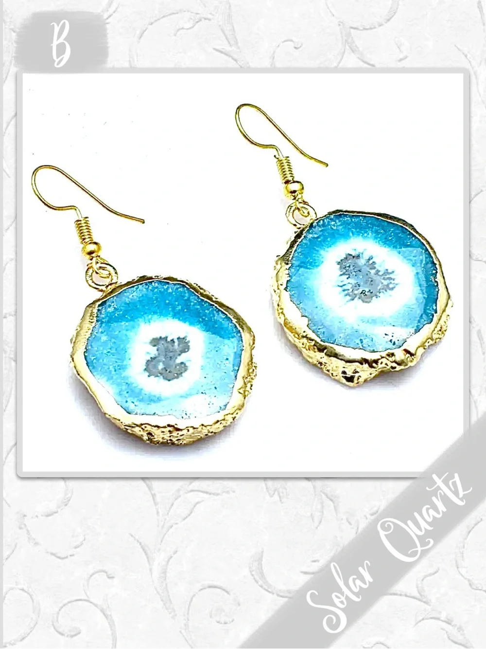Solar Quartz Druzy Eclectic Gold Drop Dangle Artisan Earrings (Aqua, Turquoise)